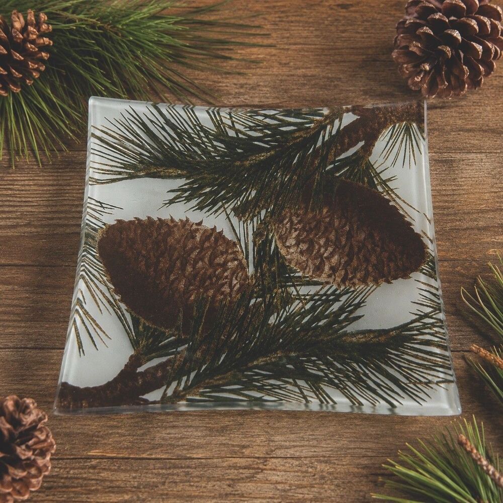 Boston International Pinecone Tempered Glass Plate 6x6 Rustic Lodge Decor Nature